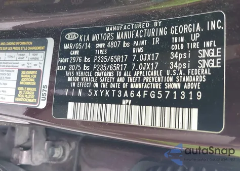 2015 Kia Sorento Lx из США, поврежденный, VIN 5XYKT3A64FG571319